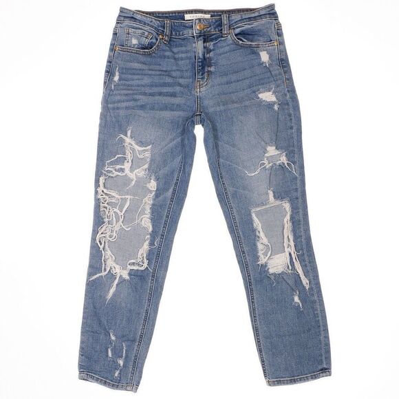 Eunina Jeans Juniors 7 Frankie Mid Rise Girlfriend Destroyed Blue Denim 29x26.5 - Picture 1 of 10